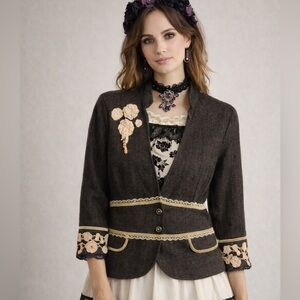 Vintage Rene Derhy Brown tweed Blazer Cream Lace rosette appliqué velour trim